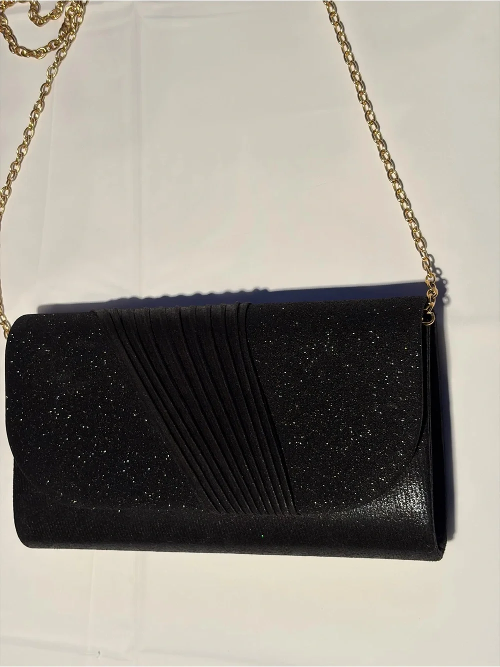 Black Glitter Evening Clutch with Gold Chain Strap
